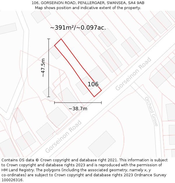 106, GORSEINON ROAD, PENLLERGAER, SWANSEA, SA4 9AB: Plot and title map