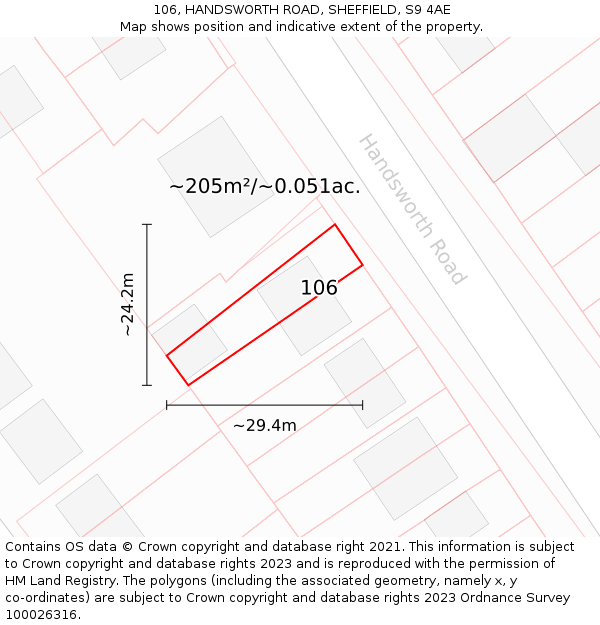 106, HANDSWORTH ROAD, SHEFFIELD, S9 4AE: Plot and title map