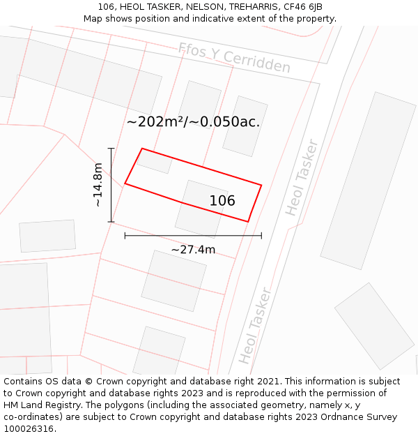 106, HEOL TASKER, NELSON, TREHARRIS, CF46 6JB: Plot and title map