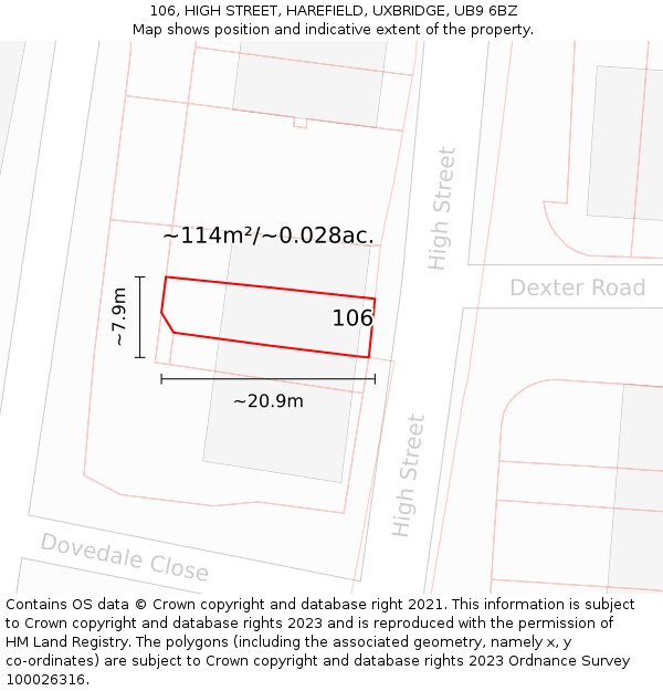 106, HIGH STREET, HAREFIELD, UXBRIDGE, UB9 6BZ: Plot and title map