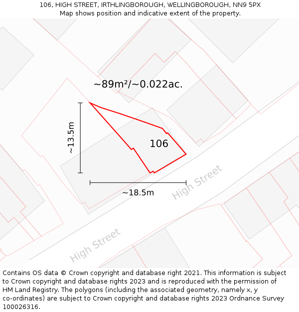 106, HIGH STREET, IRTHLINGBOROUGH, WELLINGBOROUGH, NN9 5PX: Plot and title map