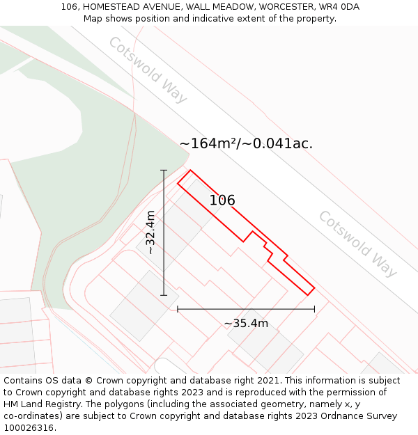 106, HOMESTEAD AVENUE, WALL MEADOW, WORCESTER, WR4 0DA: Plot and title map