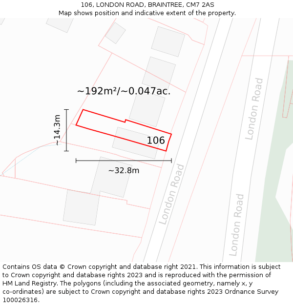 106, LONDON ROAD, BRAINTREE, CM7 2AS: Plot and title map