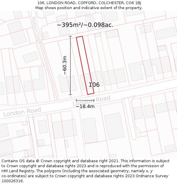 106, LONDON ROAD, COPFORD, COLCHESTER, CO6 1BJ: Plot and title map