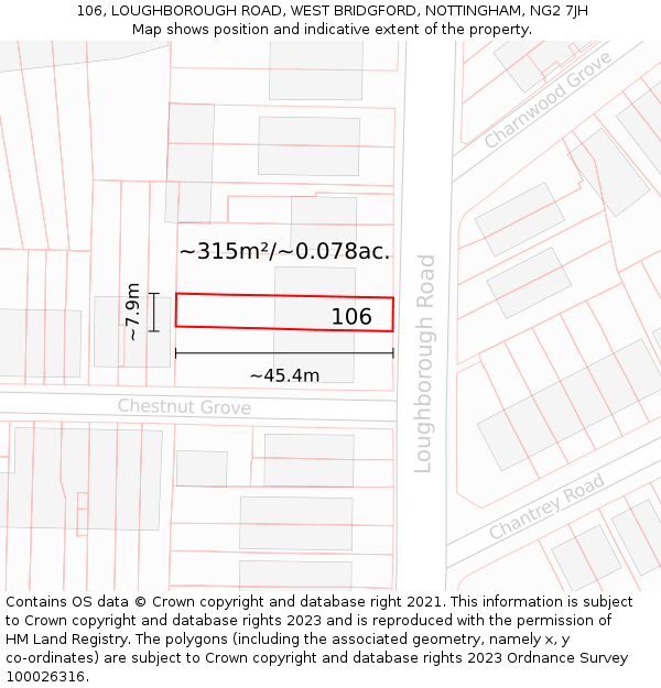 106, LOUGHBOROUGH ROAD, WEST BRIDGFORD, NOTTINGHAM, NG2 7JH: Plot and title map