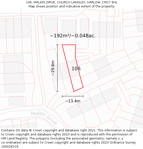 106, MALKIN DRIVE, CHURCH LANGLEY, HARLOW, CM17 9HL: Plot and title map