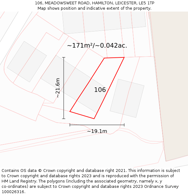 106, MEADOWSWEET ROAD, HAMILTON, LEICESTER, LE5 1TP: Plot and title map