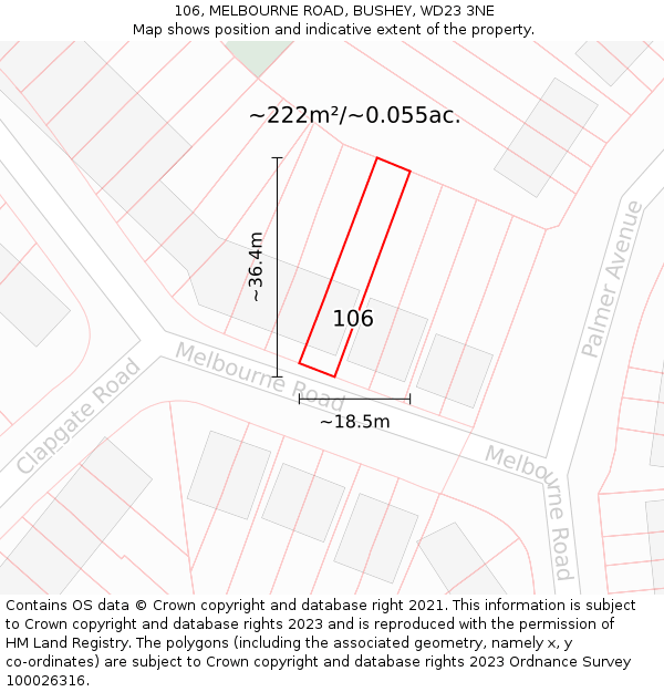 106, MELBOURNE ROAD, BUSHEY, WD23 3NE: Plot and title map