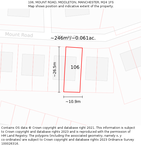 106, MOUNT ROAD, MIDDLETON, MANCHESTER, M24 1FS: Plot and title map