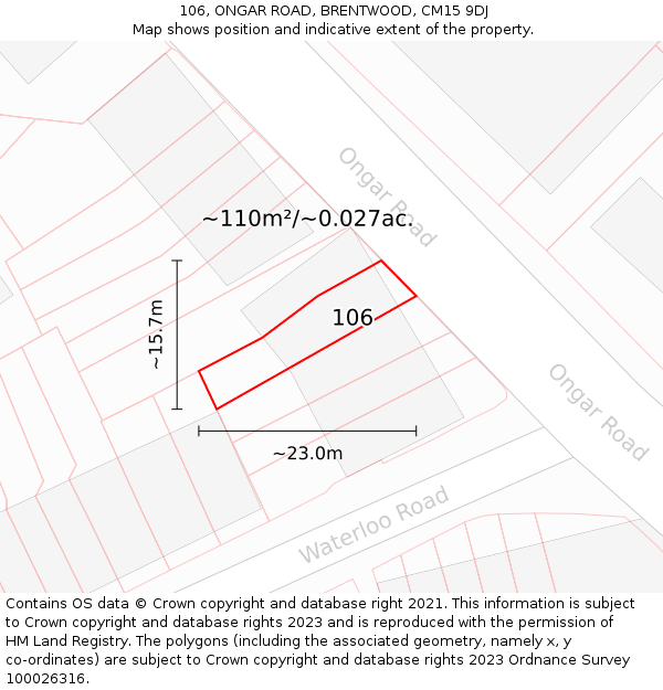 106, ONGAR ROAD, BRENTWOOD, CM15 9DJ: Plot and title map