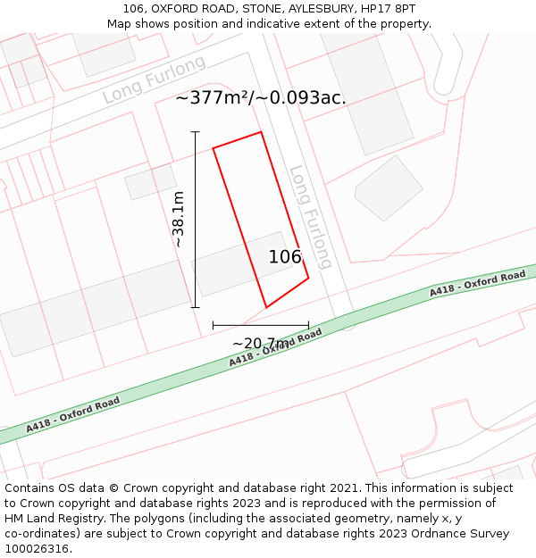 106, OXFORD ROAD, STONE, AYLESBURY, HP17 8PT: Plot and title map