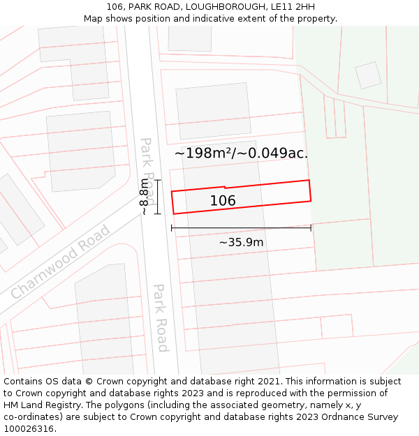 106, PARK ROAD, LOUGHBOROUGH, LE11 2HH: Plot and title map