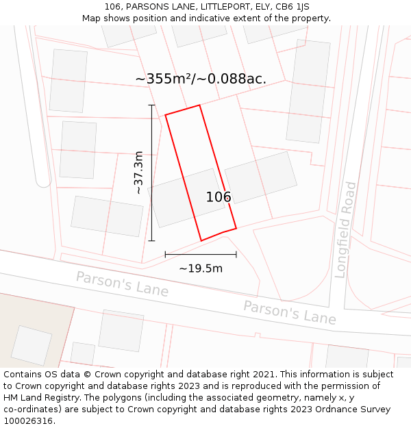 106, PARSONS LANE, LITTLEPORT, ELY, CB6 1JS: Plot and title map