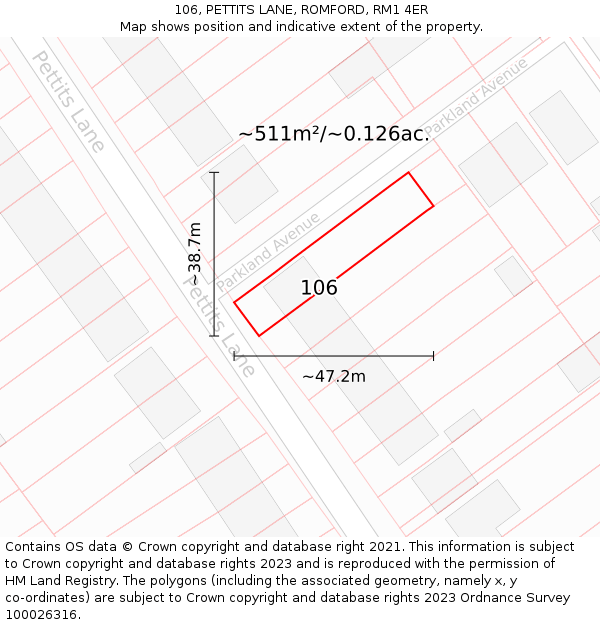 106, PETTITS LANE, ROMFORD, RM1 4ER: Plot and title map