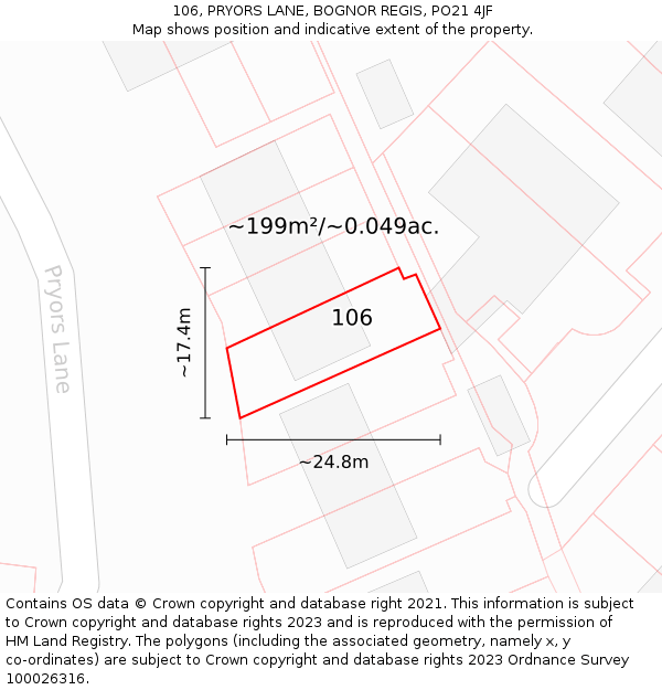 106, PRYORS LANE, BOGNOR REGIS, PO21 4JF: Plot and title map