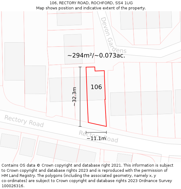 106, RECTORY ROAD, ROCHFORD, SS4 1UG: Plot and title map