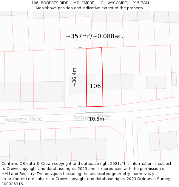 106, ROBERTS RIDE, HAZLEMERE, HIGH WYCOMBE, HP15 7AN: Plot and title map