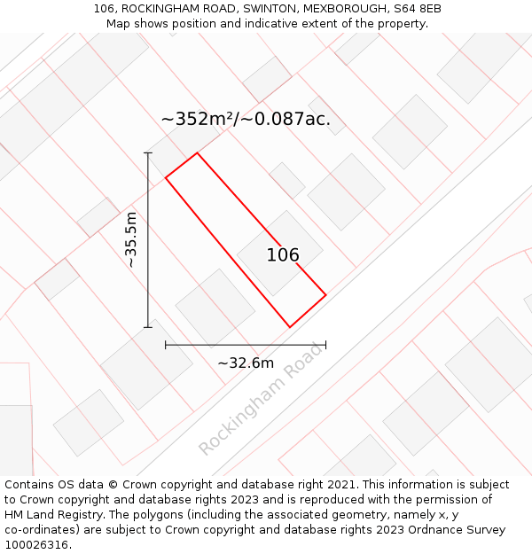 106, ROCKINGHAM ROAD, SWINTON, MEXBOROUGH, S64 8EB: Plot and title map