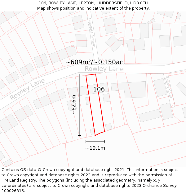 106, ROWLEY LANE, LEPTON, HUDDERSFIELD, HD8 0EH: Plot and title map