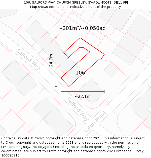 106, SALFORD WAY, CHURCH GRESLEY, SWADLINCOTE, DE11 9RJ: Plot and title map