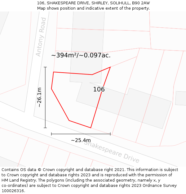 106, SHAKESPEARE DRIVE, SHIRLEY, SOLIHULL, B90 2AW: Plot and title map