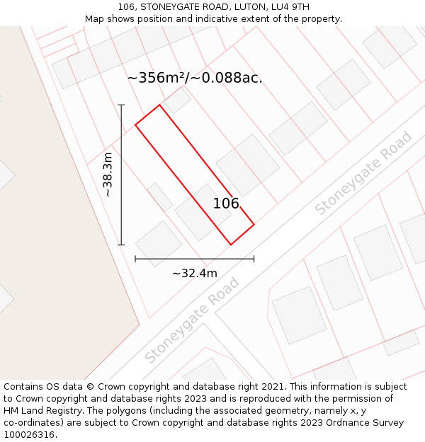 106, STONEYGATE ROAD, LUTON, LU4 9TH: Plot and title map