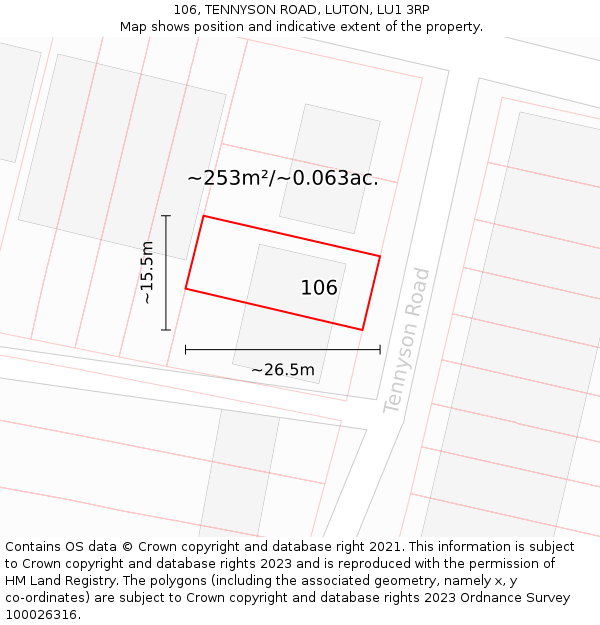 106, TENNYSON ROAD, LUTON, LU1 3RP: Plot and title map