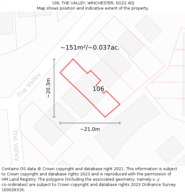 106, THE VALLEY, WINCHESTER, SO22 4DJ: Plot and title map