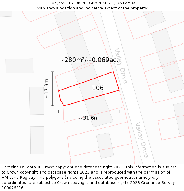 106, VALLEY DRIVE, GRAVESEND, DA12 5RX: Plot and title map