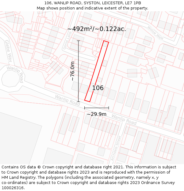 106, WANLIP ROAD, SYSTON, LEICESTER, LE7 1PB: Plot and title map