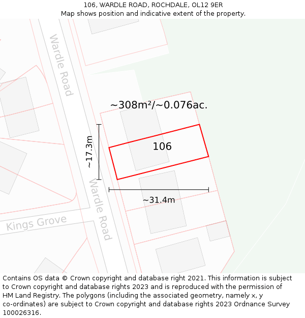 106, WARDLE ROAD, ROCHDALE, OL12 9ER: Plot and title map