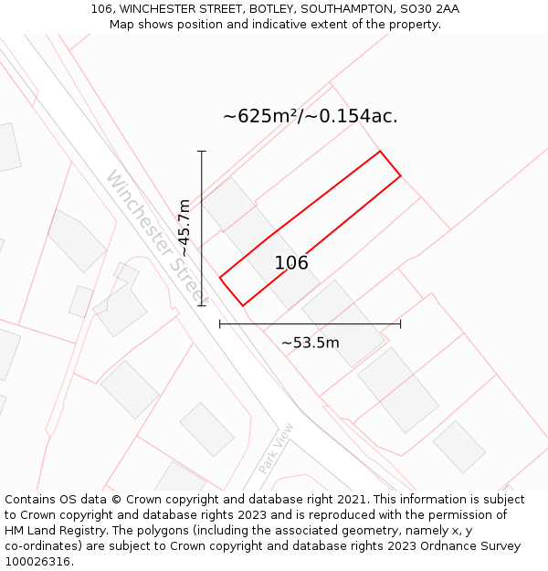 106, WINCHESTER STREET, BOTLEY, SOUTHAMPTON, SO30 2AA: Plot and title map