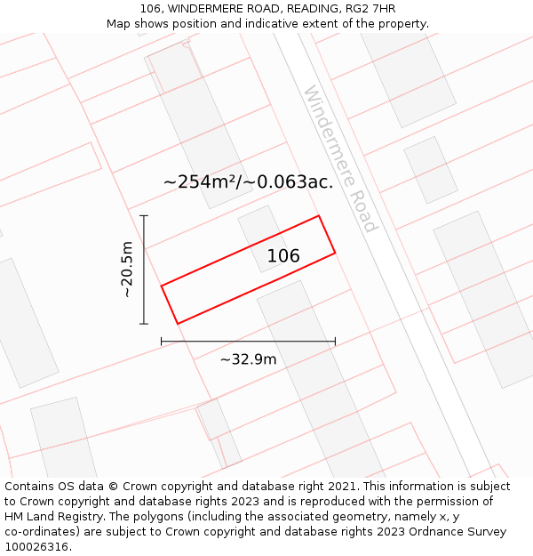 106, WINDERMERE ROAD, READING, RG2 7HR: Plot and title map