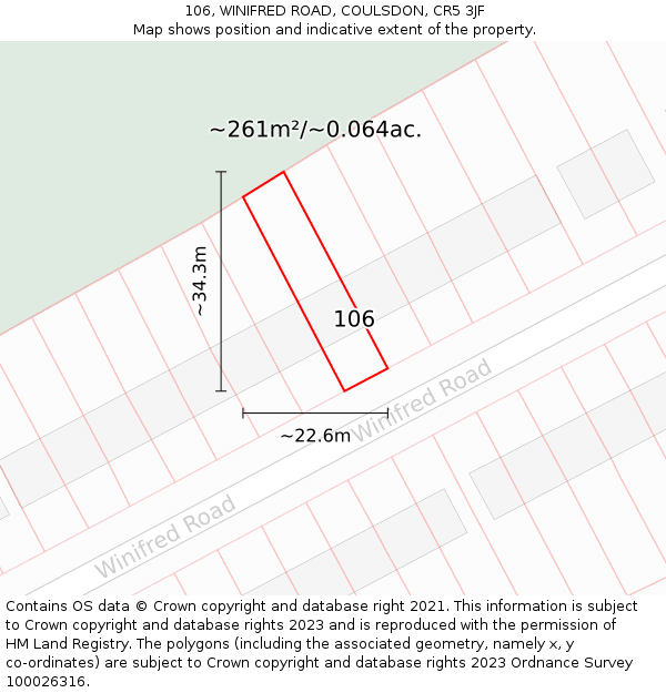 106, WINIFRED ROAD, COULSDON, CR5 3JF: Plot and title map