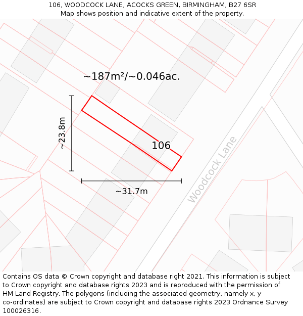 106, WOODCOCK LANE, ACOCKS GREEN, BIRMINGHAM, B27 6SR: Plot and title map