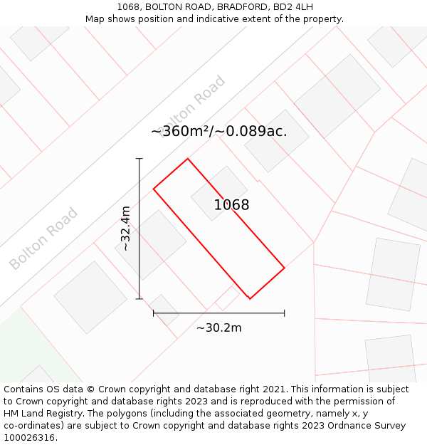 1068, BOLTON ROAD, BRADFORD, BD2 4LH: Plot and title map