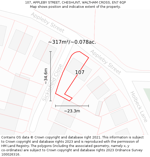 107, APPLEBY STREET, CHESHUNT, WALTHAM CROSS, EN7 6QP: Plot and title map