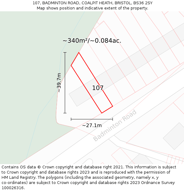 107, BADMINTON ROAD, COALPIT HEATH, BRISTOL, BS36 2SY: Plot and title map