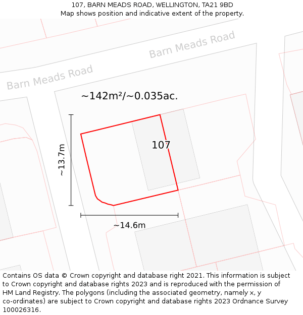 107, BARN MEADS ROAD, WELLINGTON, TA21 9BD: Plot and title map