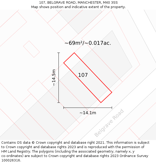 107, BELGRAVE ROAD, MANCHESTER, M40 3SS: Plot and title map