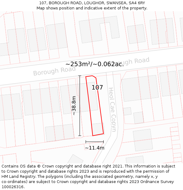 107, BOROUGH ROAD, LOUGHOR, SWANSEA, SA4 6RY: Plot and title map