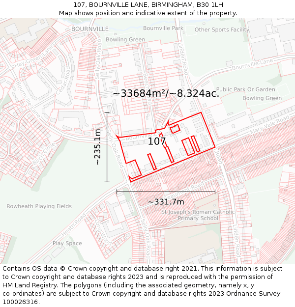 107, BOURNVILLE LANE, BIRMINGHAM, B30 1LH: Plot and title map