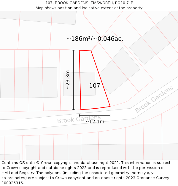 107, BROOK GARDENS, EMSWORTH, PO10 7LB: Plot and title map