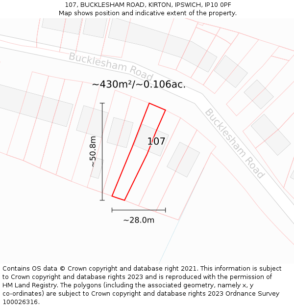 107, BUCKLESHAM ROAD, KIRTON, IPSWICH, IP10 0PF: Plot and title map