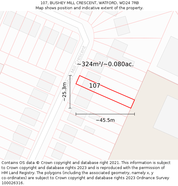 107, BUSHEY MILL CRESCENT, WATFORD, WD24 7RB: Plot and title map