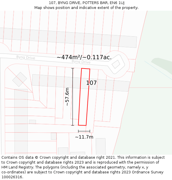 107, BYNG DRIVE, POTTERS BAR, EN6 1UJ: Plot and title map