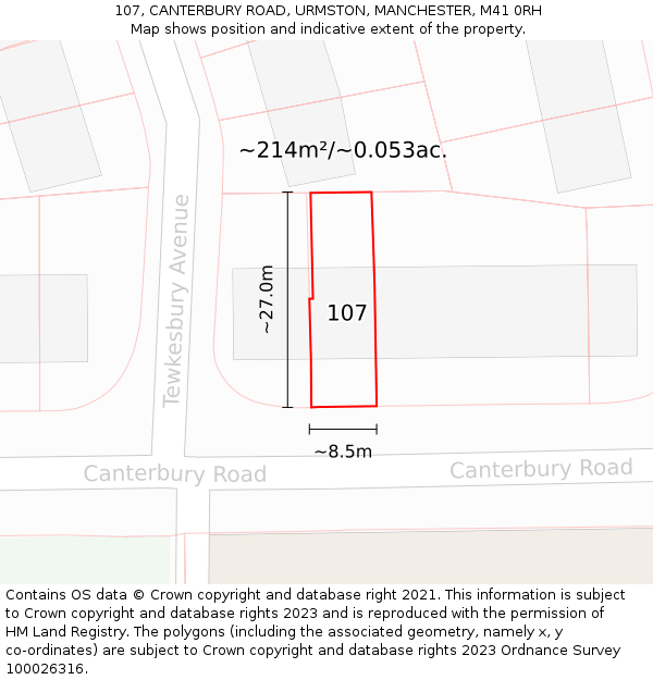 107, CANTERBURY ROAD, URMSTON, MANCHESTER, M41 0RH: Plot and title map