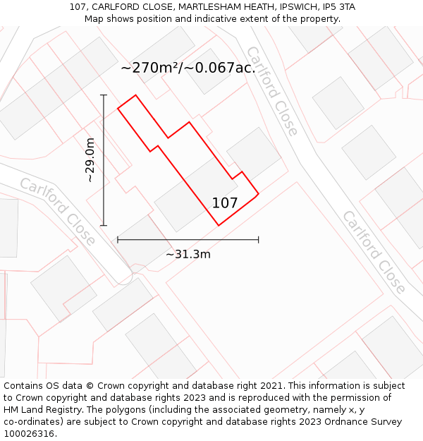 107, CARLFORD CLOSE, MARTLESHAM HEATH, IPSWICH, IP5 3TA: Plot and title map