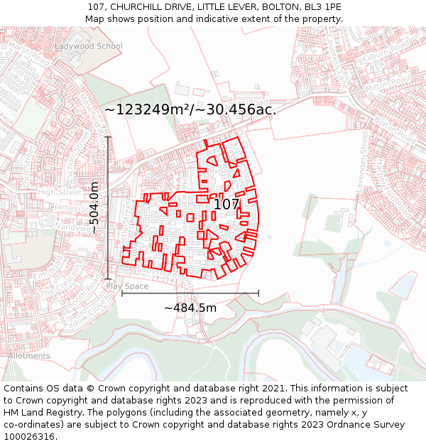 107, CHURCHILL DRIVE, LITTLE LEVER, BOLTON, BL3 1PE: Plot and title map