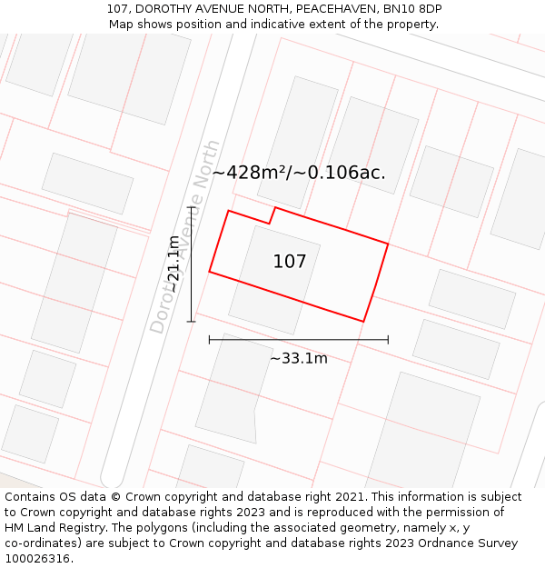 107, DOROTHY AVENUE NORTH, PEACEHAVEN, BN10 8DP: Plot and title map